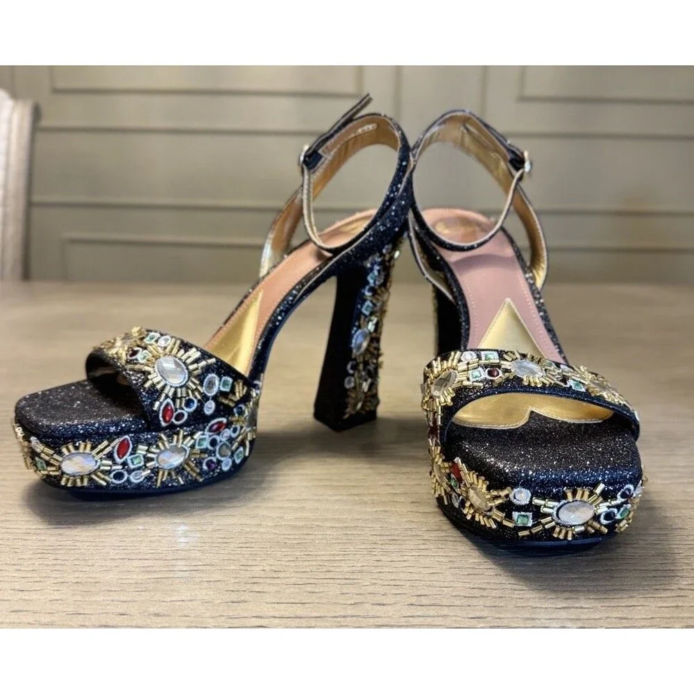 GIANNI BINI Black Gold Embellished Platform Heels Glam Party. Sizes 6.5 , 7 , 8